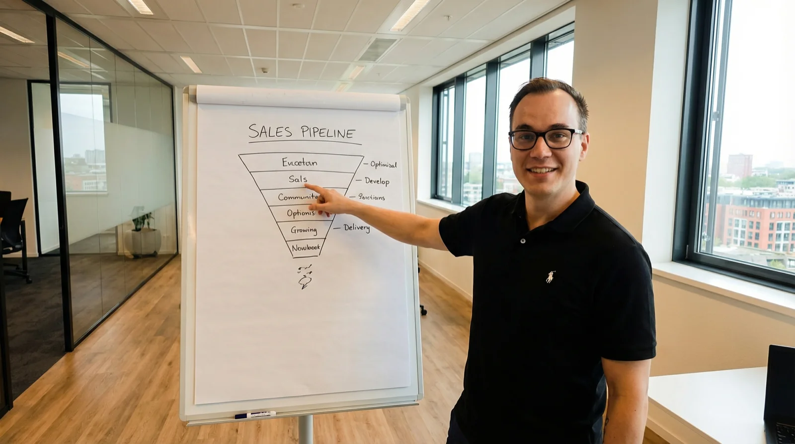 Denny Weber erklärt Pipeline-Management am Whiteboard